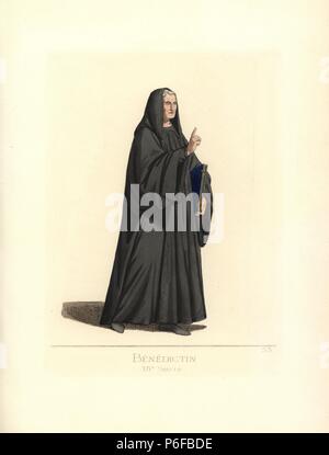 Moine bénédictin, 14e siècle. Il porte une cagoule de laine noire et la robe et porte un livre. Manuscrit français de la bibliothèque du Vatican en 3839. Illustration dessinée et lithographiée coloriée par Paul Mercuri avec texte par Camille Bonnard de 'costumes historiques du 12ème au 15ème siècles,' Levy Fils, Paris, 1860. Banque D'Images