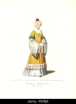 Costume d'une femme noble italien, 14ème siècle. Elle porte un cône de velours cramoisi avec turban jaune, une robe d'or vert et gris avec des manches, et d'un jupon blanc bordée d'hermine. D'un manuscrit dans la bibliothèque de Brera, Milan. Illustration dessinée et lithographiée coloriée par Paul Mercuri avec texte par Camille Bonnard de 'costumes historiques du 12ème au 15ème siècles,' Levy Fils, Paris, 1861. Banque D'Images