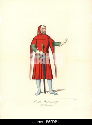 Cansignorio della Scala, seigneur de Vérone, 1340-1375. Il porte une cagoule écarlate à manches longues et d'un tabard bordée d'hermine, bas, gants, ceinture et est titulaire d'une épée à deux mains. À partir de la tombe de l'Scaligers à Vérone. Illustration dessinée et lithographiée coloriée par Paul Mercuri avec texte par Camille Bonnard de 'costumes historiques du 12ème au 15ème siècles,' Levy Fils, Paris, 1860. Banque D'Images