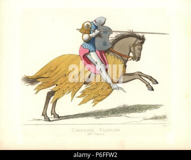 Chevalier français à cheval pour un tournoi, 14e siècle. Il porte un casque d'acier, bleu cuirasse ou bouclier pectoral, avec plaque en acier décoré de fleurons, poursuite de l'armure de plaque et porte la lance. Le cheval est caparisoned en or. À partir d'une Bible en miniature un détenu par la bibliothèque Barberini, à Rome. Illustration dessinée et lithographiée coloriée par Paul Mercuri avec texte par Camille Bonnard de 'costumes historiques du 12ème au 15ème siècles,' Levy Fils, Paris, 1861. Banque D'Images