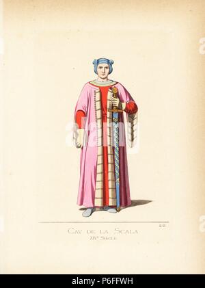 Cangrande della Scala ou pouvez Francesco, seigneur de Vérone, 1291-1329. Il porte un capuchon bleu, rose cape avec manches pendaison bordée de fourrure, à ceinture manteau écarlate, des gantelets et détient une épée à deux mains en fourreau bleu. De son sarcophage dans l'église de Santa Maria Antica, à Vérone. Illustration dessinée et lithographiée coloriée par Paul Mercuri avec texte par Camille Bonnard de 'costumes historiques du 12ème au 15ème siècles,' Levy Fils, Paris, 1860. Banque D'Images