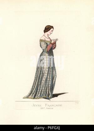 Costume d'une jeune femme française, 14e siècle, à partir de l'autographe Livius Titius. Elle porte ses cheveux attachés avec dentelles noires, une robe blanche brodée d'or, et long cracows bizarres (des chaussures à la poulaine'). Illustration dessinée et lithographiée coloriée par Paul Mercuri avec texte par Camille Bonnard de 'costumes historiques du 12ème au 15ème siècles,' Levy Fils, Paris, 1861. Banque D'Images