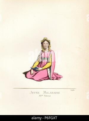 Une jeune femme de la mode de Milan, 15e siècle. Elle siège sur le plancher de la lecture d'un livre, portant une cape avec manches doublée en hermine, la ceinture verte, jaune robe et coiffure. À partir d'une fresque de la cathédrale de Monza. Illustration dessinée et lithographiée coloriée par Paul Mercuri avec texte par Camille Bonnard de 'costumes historiques du 12ème au 15ème siècles,' Levy Fils, Paris, 1861. Banque D'Images