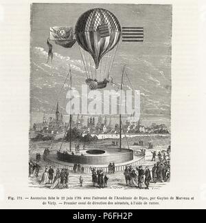 Ascension en montgolfière par Guyton de Morveau et Charles de Virly du parlement de Dijon, à Dijon, 1784. Première tentative pour diriger un ballon à la rame. La gravure sur bois de Louis Figuier's 'Les merveilles de la science : Des aérostats (merveilles de la science : les montgolfières), Furne, Jouvet et Cie, Paris, 1868. Banque D'Images