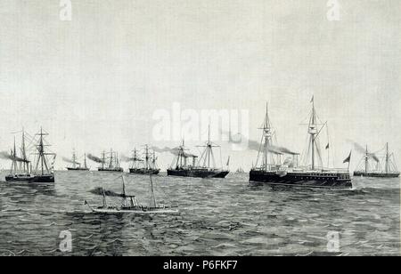 GUERRA DE MELILLA O GUERRA DEL RIF 1890-1909. REGENCIA DE Maria Cristina de Habsburgo. REINADO DE Alfonso XIII. SUCESOS DE MELILLA. ' MEDITERRAÑEO MANIOBRAS NAVALES EN EL DE LA FLOTA ESPAÑOLA , AÑO 1893 '. La GRAVURE DE LA ILUSTRACION ESPAÑOLA Y AMERICANA. Banque D'Images