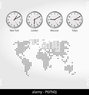 Les fuseaux horaires du monde des horloges. Heure actuelle dans les grandes villes. Stock Exchange des horloges. New York, Londres, Moscou et Tokyo. Heure locale à travers le monde. Parsemé Banque D'Images