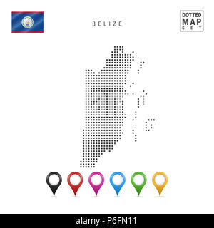 Carte de Belize en pointillés. Silhouette simple du Belize. Le drapeau national du Belize. Ensemble de marqueurs de la carte multicolore. Illustration isolé sur blanc Zone Banque D'Images