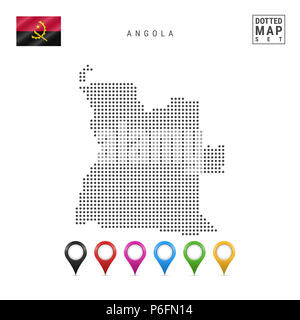 La carte à points de l'Angola. Silhouette simple de l'Angola. Le drapeau national de l'Angola. Ensemble de marqueurs de la carte multicolore. Illustration isolé sur blanc Zone Banque D'Images