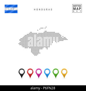 La carte à points du Honduras. Silhouette simple du Honduras. Le drapeau national du Honduras. Ensemble de marqueurs de la carte multicolore. Illustration isolé sur fond blanc Banque D'Images