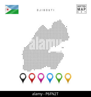 La carte à points de Djibouti. Silhouette simple de Djibouti. Le drapeau national de Djibouti. Ensemble de marqueurs de la carte multicolore. Illustration isolé sur fond blanc Banque D'Images