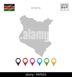 La carte à points du Kenya. Silhouette simple du Kenya. Le drapeau national du Kenya. Ensemble de marqueurs de la carte multicolore. Illustration isolé sur blanc Backgroun Banque D'Images