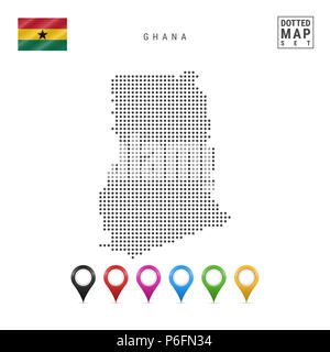 Carte du Ghana en pointillés. Silhouette simple du Ghana. Le drapeau national du Ghana. Ensemble de marqueurs de la carte multicolore. Illustration isolé sur blanc Backgroun Banque D'Images