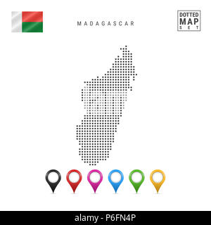 Motif de points Carte de Madagascar. Silhouette Simple stylisée de Madagascar. Le drapeau national de Madagascar. Ensemble de marqueurs de la carte multicolore. Illustrati Banque D'Images