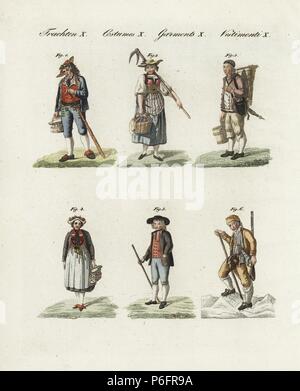 Costumes suisses, vers 1800 : paysan d'Unterwald, paysan de Berne, producteur laitier de l'Emmenthal, les paysans d'Entlibuch, Deer Hunter et de chamois. Coloriée à la gravure sur cuivre de Bertuch's 'Bilderbuch fur Kinder" (Livre d'images pour les enfants), Weimar, 1807. Johann Friedrich Bertuch (1747-1822) était un éditeur allemand et l'homme des arts le plus célèbre pour son encyclopédie 12 volumes pour les enfants illustrés de 1 200 plaques gravées sur l'histoire naturelle, de la science, le costume, la mythologie, etc., publiés à partir de 1790-1830. Banque D'Images