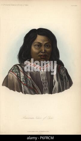 Femme du Peuple Mapuche, Araucania, au Chili, en poncho traditionnel. Dans les années 1890, le gouvernement chilien a occupé l'Araucania, forcé les Mapuches dans des camps et décimé la population. Lithographie coloriée par J. Bull de James Cowles Prichard's Histoire naturelle de l'homme, Balliere, Londres, 1855. Banque D'Images