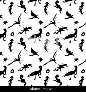 Le motif en noir et blanc avec les chiffres de dinosaures et de ptérodactyles. Illustration de Vecteur
