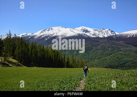 Trekking dans le nord du désert, le parc national du lac Kanas, Xinjiang, Chine Banque D'Images