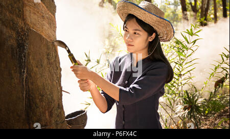 Jolie femme asiatique sourire dans rubber plantation , Thaïlande Banque D'Images