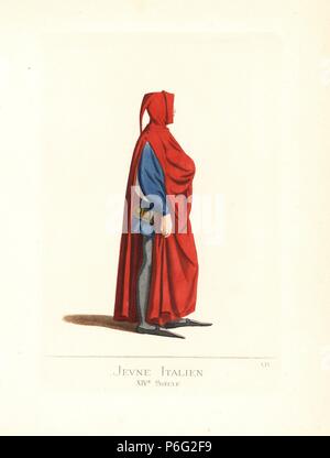 Costume d'un jeune homme italien, 14e siècle. Il porte une cape à capuchon sur le côté ouvert, plus d'un tabard avec manches larges, bas couleur plomb, et a souligné une cracows (chaussures la poulaine). À partir d'un en miniature le Titius Livius manuscrit dans la Biblioteca Ambrosiana, Milan. Illustration dessinée et lithographiée coloriée par Paul Mercuri avec texte par Camille Bonnard de 'costumes historiques du 12ème au 15ème siècles,' Levy Fils, Paris, 1861. Banque D'Images