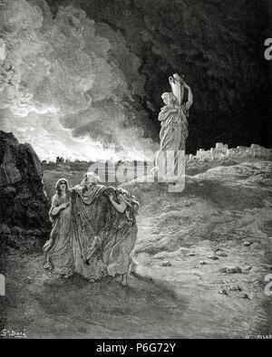 Lot, personne mentionnée dans le livre de la Genèse, Bible. Épisode de la destruction de Sodome et Gomorrhe. Lot fuit de Sodome. Gravure de H. et pisane dessin de Dore. Banque D'Images