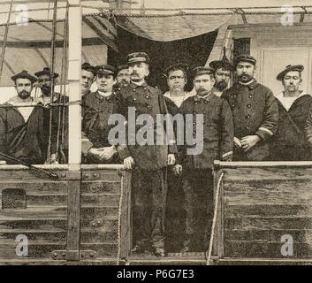 Pierre Loti, pseudonyme de Julien Viaud (1850-1923). Officier de marine et écrivain français. Pierre Loti à bord de la canonnière javelot. Gravure de Rico. La Ilustracion Espanola y Americana, 1892. Banque D'Images