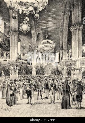 Barcelone. Palais de la Lonja del Mar. Baile de segunda mano durante los carnavals de 1891. La gravure de la época. Banque D'Images