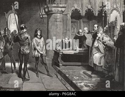 Francia. Juana de Arco (1421-1431) en presencia de sus jueces ingleses. Heroína francesa conocida como la doncella de Orleans. La gravure de 1894. Banque D'Images