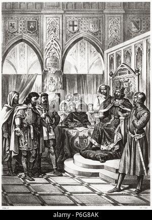 Historia de España. El Rey Alfonso X el Sabio de Castilla (1221-1284) recibiendo en Soria al embajador de Pise en 1256, que le ofrece su apoyo para ser candidat al título de Emperador. La gravure de 1872. Banque D'Images