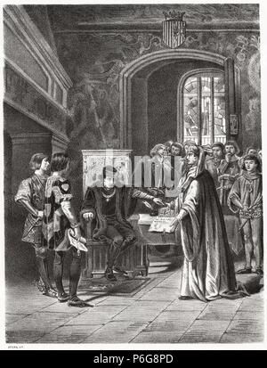 Historia de España. Joan Fiveller ( ?-1434), conseller en cap de Barcelone exige al rey don Fernando I de Aragón (1380-1416) en 1416, vectigal el pago del impuesto sobre la carne que la Casa Real compraba a la ciudad y del cual el Rey pretendía quedar exento. La gravure de 1872. Banque D'Images