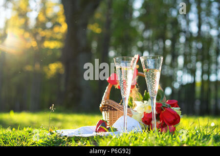 Pique-nique avec deux verres de champagne et fraises Banque D'Images