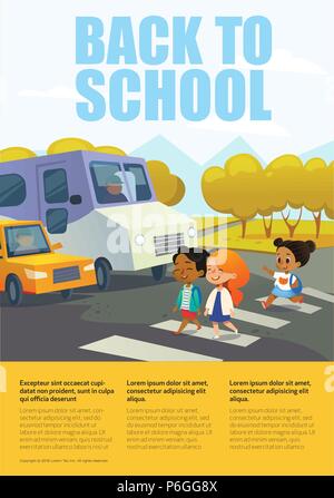 Cartoon smiling girls crossing road le long passage pour piétons en face de l'arrêt bus et voiture. L'éducation de la sécurité routière pour les écoles primaires concept. Pour l'éducation sur place pour le texte. Vector illustration Illustration de Vecteur