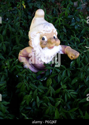 Ce jardin Gnome est vu cacher amonst la verdure dans un jardin anglais. Banque D'Images