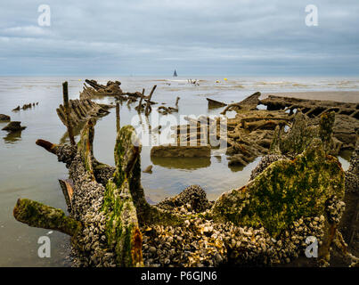 Épave couverte de coquillage les restes d'un navire de guerre mondiale à une plage dans le nord de la France Banque D'Images