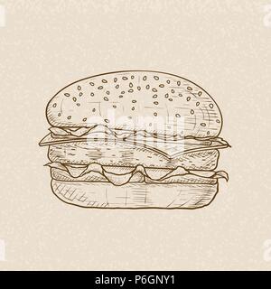 Hamburger. Croquis à main marron sur fond beige Illustration de Vecteur