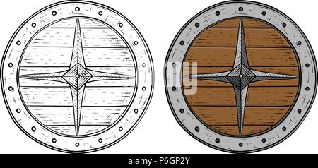 Bouclier rond Viking. Croquis dessinés à la main, Illustration de Vecteur