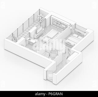 Plan d'étage dessin de ligne sur un fond blanc, des maquettes de maison meublé vacances Banque D'Images