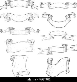 Rouleaux de papier et ruban des bannières. Croquis dessinés à la main, Illustration de Vecteur