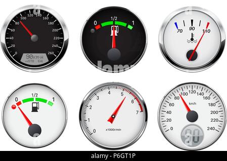 Les jauges de voiture set - indicateur de vitesse, compte-tours et le compteur de carburant Illustration de Vecteur