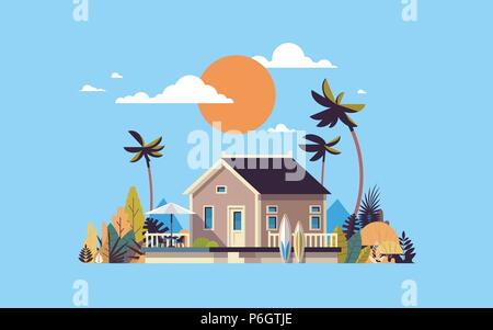 Grande villa d'été chambre surf board parapluie palmiers coucher de carte de souhaits modèle d'affiche télévision vector illustration Illustration de Vecteur