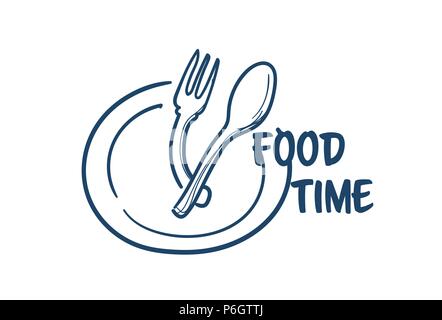 Temps alimentaire plaque avec fourche cuillère préparer pour manger concept sur fond blanc doodle croquis Illustration de Vecteur