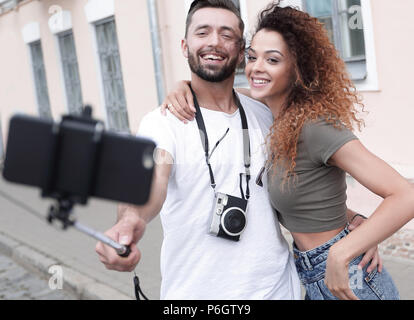 Bon voyage couple, selfies humeur romantique. Banque D'Images