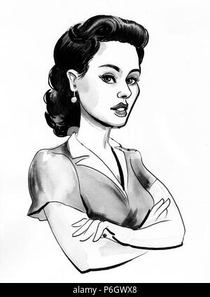 Jolie femme au style pin-up. Illustration noir et blanc Encre Banque D'Images