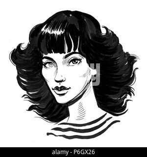 Beautiful brunette woman. Dessin noir et blanc Encre Banque D'Images