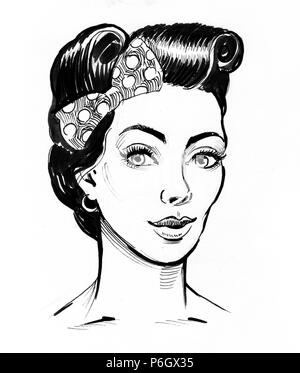 Femme de style pin up. Illustration noir et blanc Encre Banque D'Images