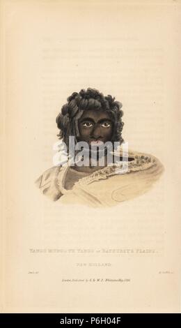 Portrait de Yango Mungo ye Yango, originaire de Bathurst's Plains, New South Wales, 19e siècle. Il porte un manteau en peau de possum. (L'homme du peuple Wiradjuri ?) Portrait par John Lewin, gravé par M. Griffith. Coloriée à la gravure sur cuivre de Edward Griffith le royaume animal par le Baron Cuvier, Londres, Whittaker, 1824. Banque D'Images