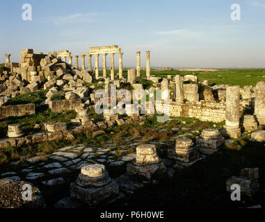 La Syrie. Apamée ou Apameia (Afamia). C'était une ancienne ville grecque et romaine. Ruines du temple de Zeus Bêlos avec grande colonnade en arrière-plan. Photo prise avant la guerre civile syrienne. Banque D'Images