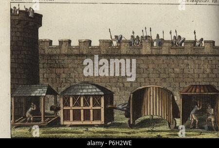 Les engins de siège romain : logement des sapeurs creusant un tunnel, Vineae, 1 abris semi-circulaire, d'un abri 2 Pluteus Testudo avec bélier Bélier 3, un abri sur les cylindres de laminage Musculus 4. Coloriée à la gravure sur cuivre de Johann Friedrich de Bertuch Bilderbuch fur Kinder (Livre d'images pour les enfants), Weimar, 1795. Banque D'Images