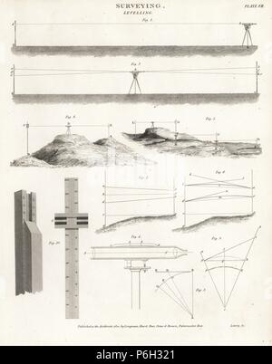 L'équipement d'arpentage du 19ème siècle : instruments de mise à niveau. La gravure sur cuivre par Wilson Lowry d'Abraham Rees' 'Cyclopedia ou Universal Dictionary, Londres, 1811. Banque D'Images