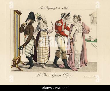 Les préparatifs d'une mascarade. "Nous ne voyons plus les arlequins et pierrots aux bals masqués, mais plutôt les costumes de Suisse et la Normandie. Même dans les tissus grossiers et paysannes, les bonnets dames prennent soin d'ajouter des croix de diamant ou autres bijoux de se distinguer." gravure coloriée de Pierre de la Mesangere's Le Bon Genre, Paris, 1817. Banque D'Images