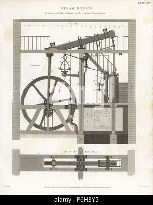 Matthew Boulton et James Watt's machine à vapeur, l'altitude et le plan de l'étage, 1776. La gravure sur cuivre par Wilson Lowry après une illustration par J. Farey d'Abraham Rees' 'Cyclopedia ou Universal Dictionary, Londres, 1813. Banque D'Images